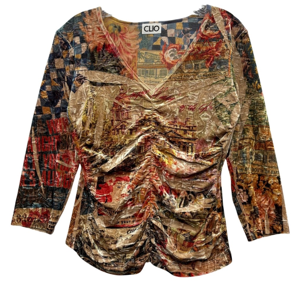 Vintage CLIO Women's Velvet Ruched Top‎ Long Sleeve V Neck Graphic Retro Y2K M